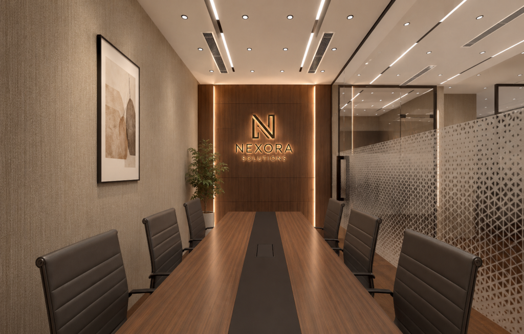 Modern office fit-out with glass partitions in Dubai